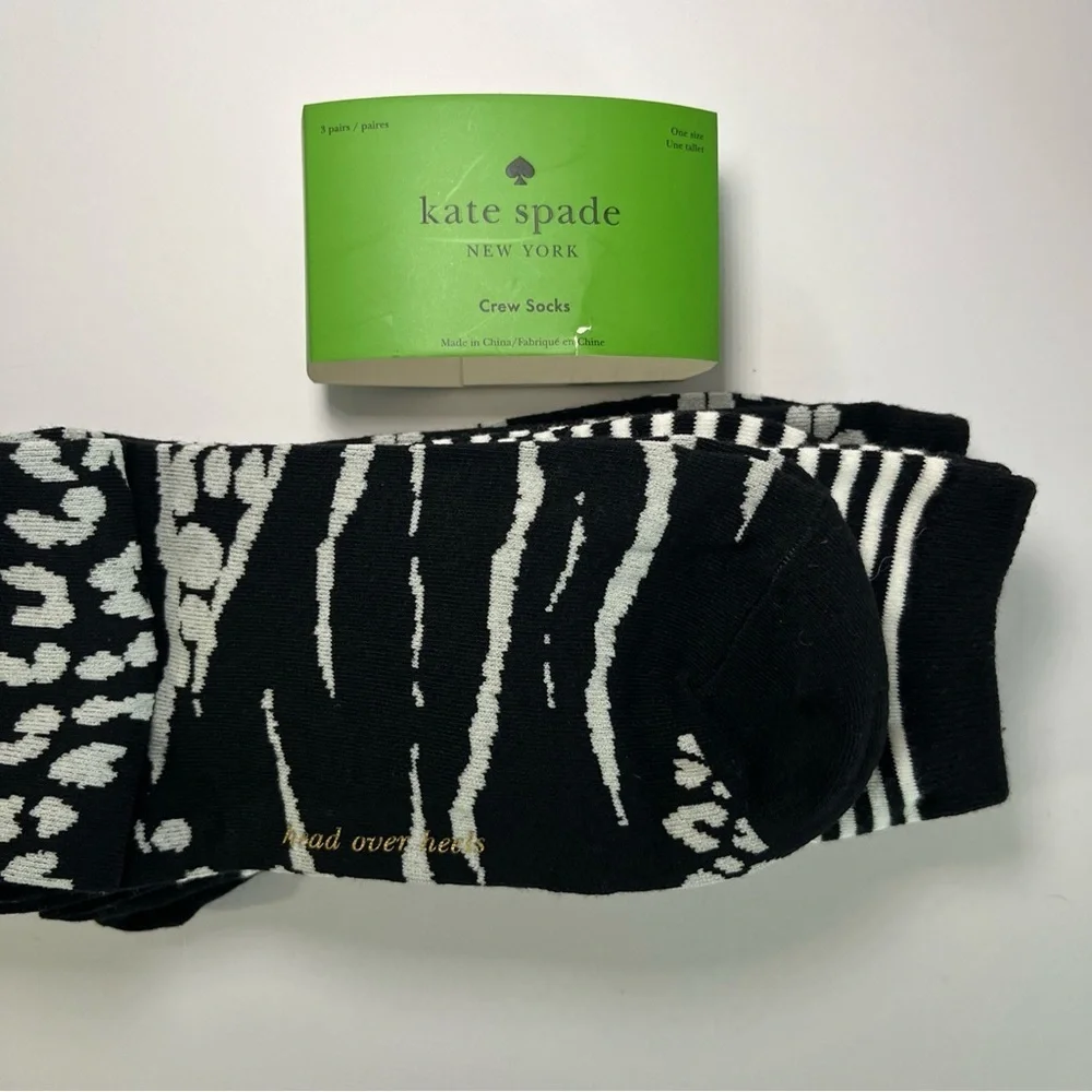 NWT Kate Spade Crew Socks 3 Pack One Size 4-10 Black White Striped Flower Animal - Picture 6 of 8
